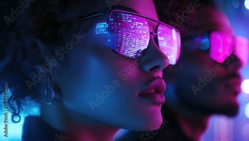 two people wearing glasses, with holographic code and data floating around them in the background