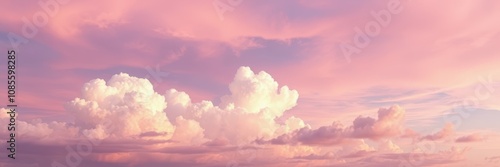 Soft, fluffy white cumulus clouds are illuminated by the warm light of a setting sun, casting a beautiful pastel pink hue across the entire sky