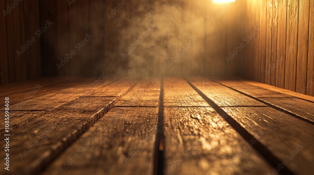 A steam room with a wooden floor and a lot of smoke. The room is empty and the smoke is coming from a stove A steam room with a wooden floor and a lot of smoke. The room is empty and the smoke is coming from a stove