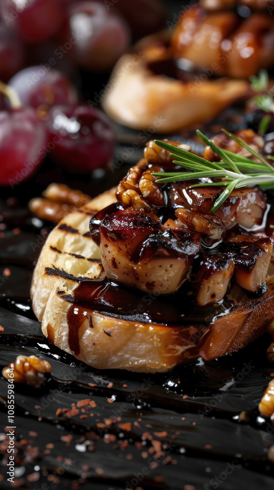 Vertical close-up of Foie Gras Torchon drizzled with aged balsamic vinegar, elegantly served on grilled ciabatta Vertical close-up of Foie Gras Torchon drizzled with aged balsamic vinegar, elegantly served on grilled ciabatta