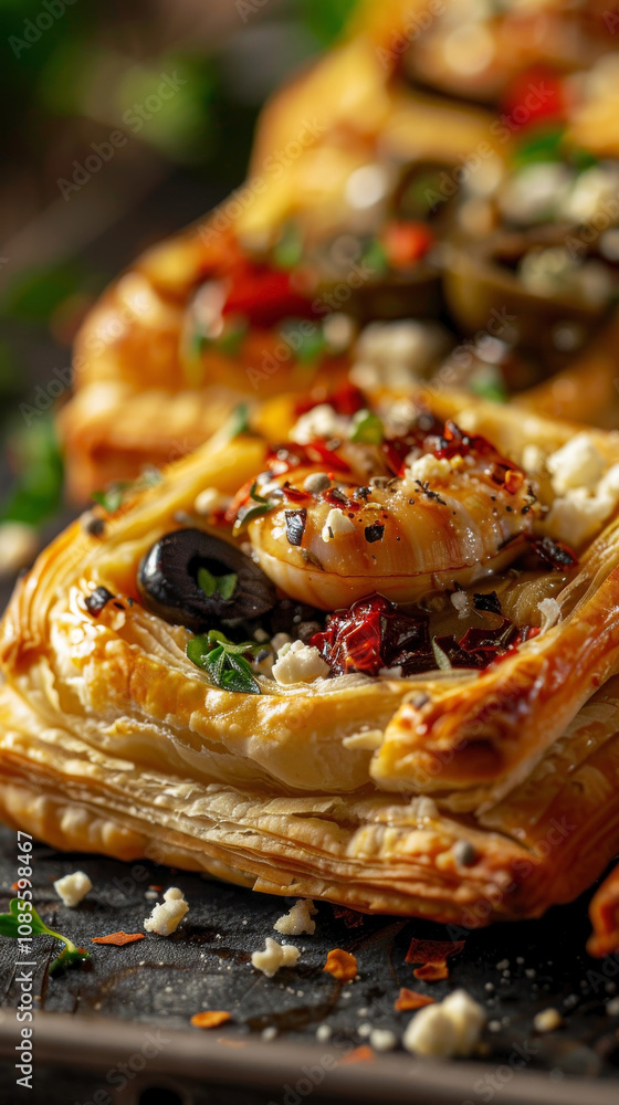 Vertical close-up of puff pastry parcels filled with soy sauce, ginger, and sesame oil-marinated escargot Vertical close-up of puff pastry parcels filled with soy sauce, ginger, and sesame oil-marinated escargot