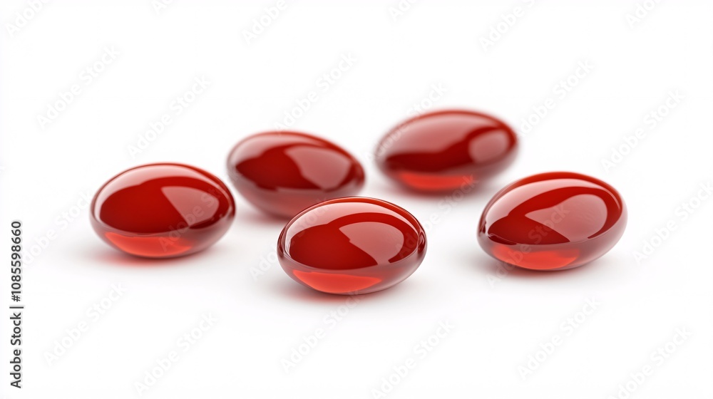 Five Shiny Red Gel Capsules Arranged on a Simple White Background for Health and Wellness Concepts Five Shiny Red Gel Capsules Arranged on a Simple White Background for Health and Wellness Concepts