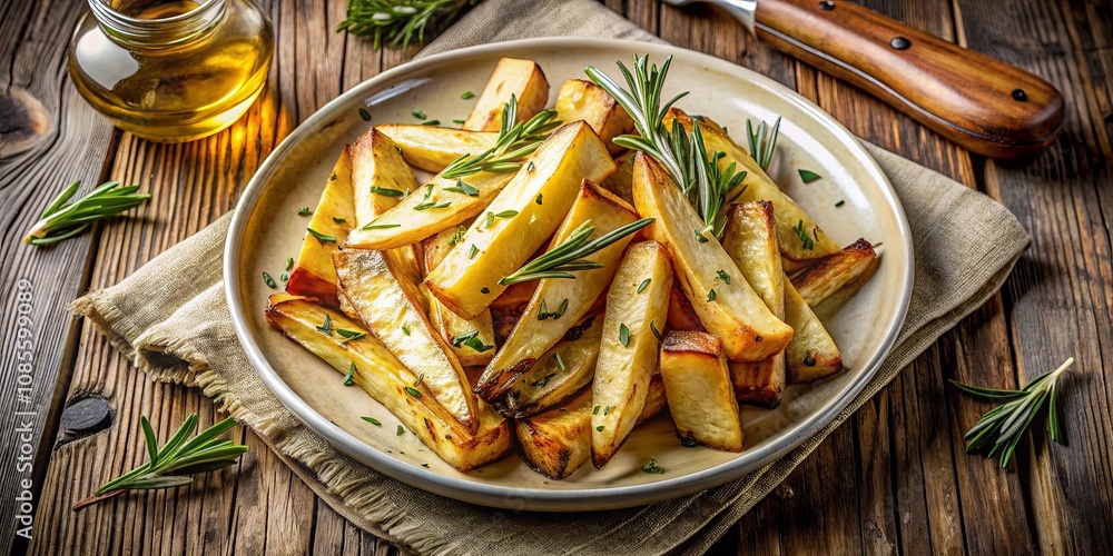 Golden-Brown Potato Wedges with Fresh Rosemary Garnish on a Rustic Wooden Table Golden-Brown Potato Wedges with Fresh Rosemary Garnish on a Rustic Wooden Table