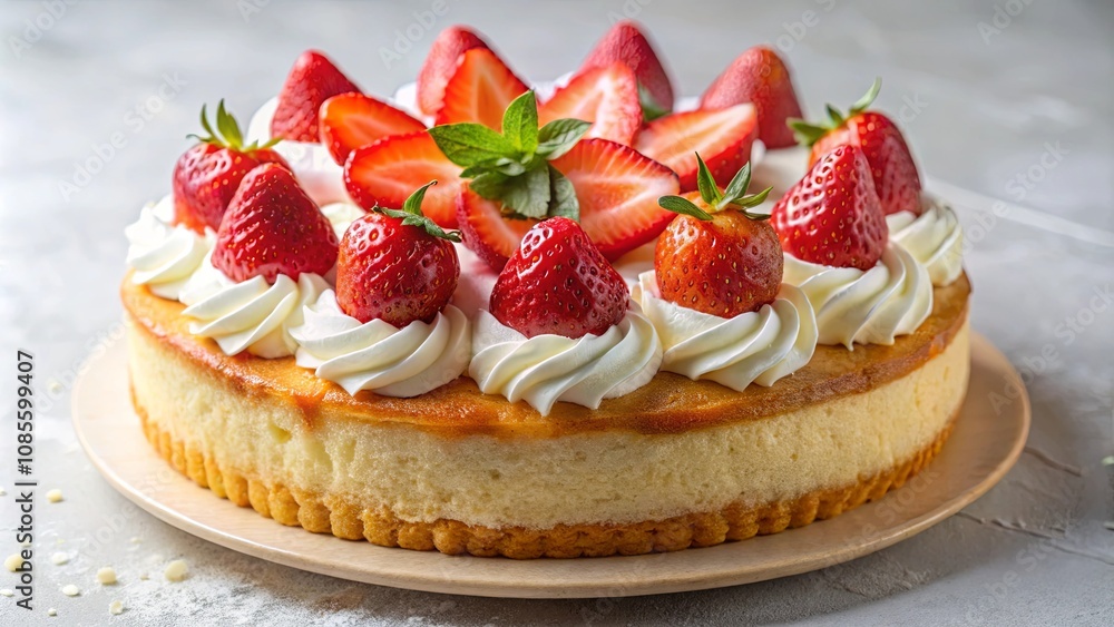A delightful cheesecake adorned with fresh strawberries and delicate swirls of whipped cream, a perfect dessert for any occasion. A delightful cheesecake adorned with fresh strawberries and delicate swirls of whipped cream, a perfect dessert for any occasion.