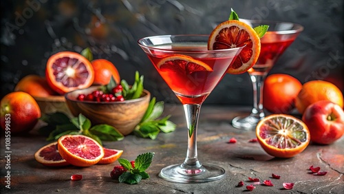 Refreshing Blood Orange Cocktail with Garnish, Surrounded by Fresh Fruits and Lush Greenery, Ideal for Summer Gatherings and Parties