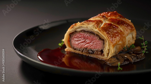 Classic British Beef Wellington with Golden Brown Puff Pastry, Tender Fillet Steak, and Mushroom Duxelles, Served with Red Wine Reduction Sauce on a Black Background photo