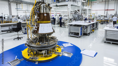 Rocket assembly facility with engineers working on advanced space technology, showcasing innovation and progress in aerospace engineering.