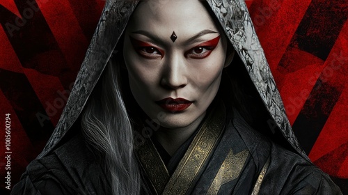 Mysterious Woman in Dark Hood Against Red Background