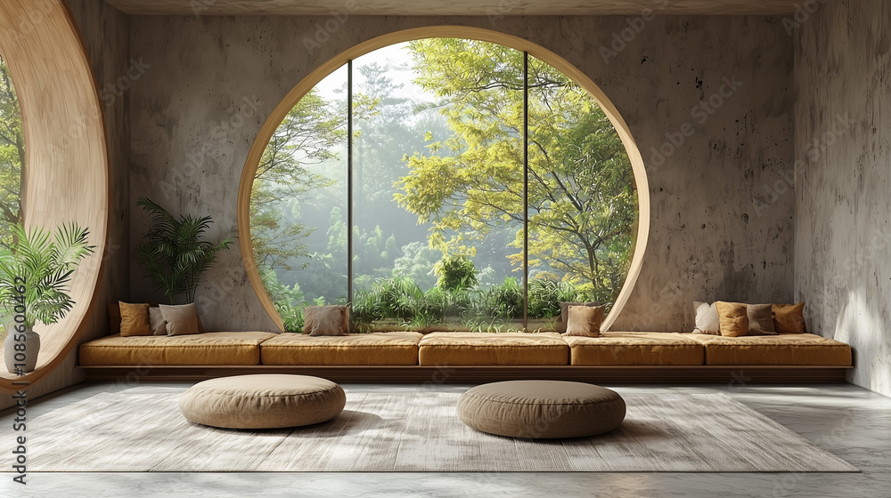 Zen Living Room: A serene and minimalist living room design featuring a circular window overlooking lush greenery, with a cozy seating arrangement and wooden floor. Zen Living Room: A serene and minimalist living room design featuring a circular window overlooking lush greenery, with a cozy seating arrangement and wooden floor.