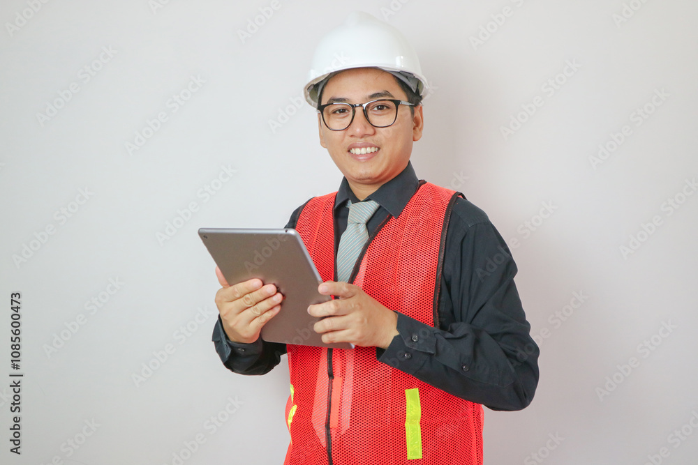 Confident asian engineer man Using tablet for checking and maintenance to inspection at modern home building construction. Architect working with white safety helmet in construction site Confident asian engineer man Using tablet for checking and maintenance to inspection at modern home building construction. Architect working with white safety helmet in construction site