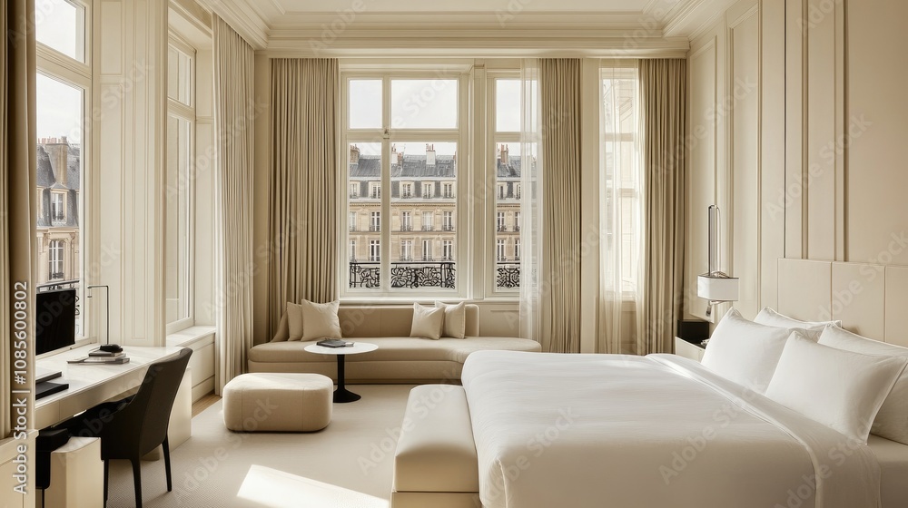 Elegant and Spacious Hotel Room Featuring Large Windows and Modern Decor, Ideal for Luxury Travel and Relaxation with a View of Urban Architecture Elegant and Spacious Hotel Room Featuring Large Windows and Modern Decor, Ideal for Luxury Travel and Relaxation with a View of Urban Architecture