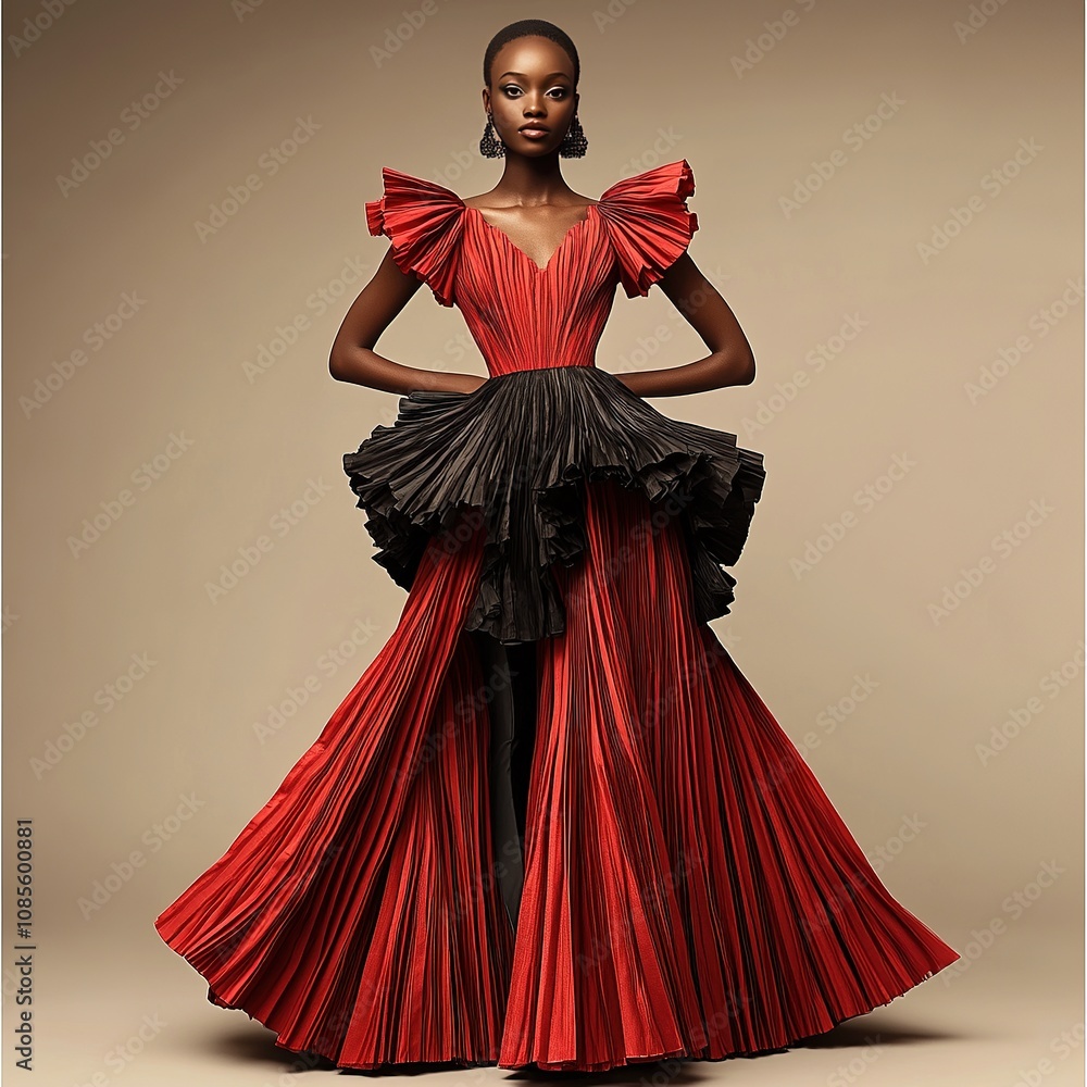 A woman in an extravagant red dress with a black sash. A woman in an extravagant red dress with a black sash.