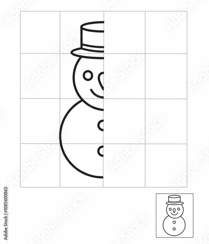 Symmetry drawing for kids, draw the other half side snowman activity for kindergarten, complete picture worksheet, Symmetry worksheet, christmas worksheet activity 
