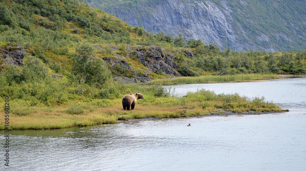 Brown bear standing by lake in mountain landscape. Brown bear standing by lake in mountain landscape.