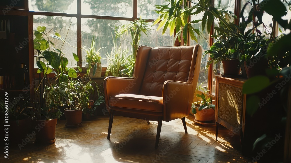 Fototapeta premium Classic Mid-Century Armchair in Sunlit Room