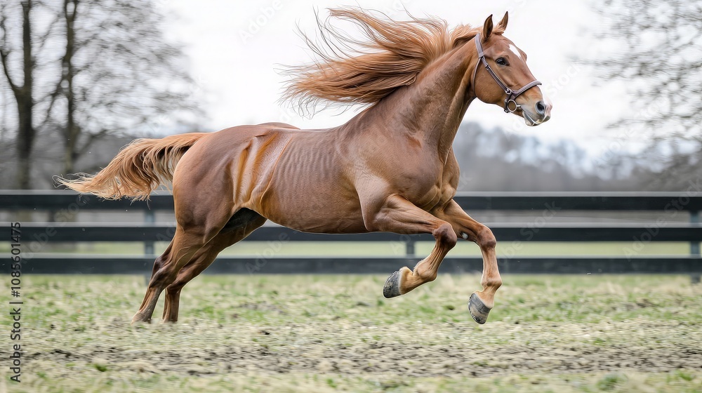 Chestnut horse with long flowing mane running in a paddock. Chestnut horse with long flowing mane running in a paddock.