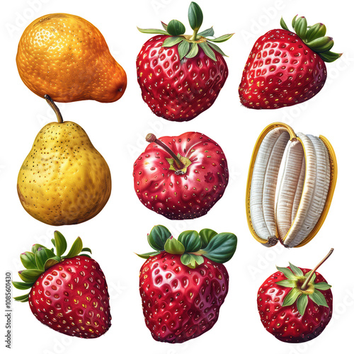 Hybrid Fruit Collection, surreal juxtapositions, strawberries infused with apples, pears merging, banana-lined edges Isolated on white background or PNG photo