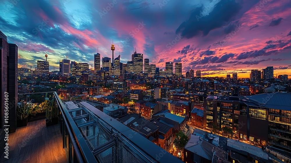 Fototapeta premium Panoramic Evening View of City from Rooftop