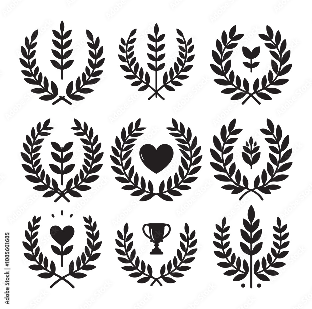 laurel wreath Vector Black silhouettes icon set. laurel wreath Vector Black silhouettes icon set.