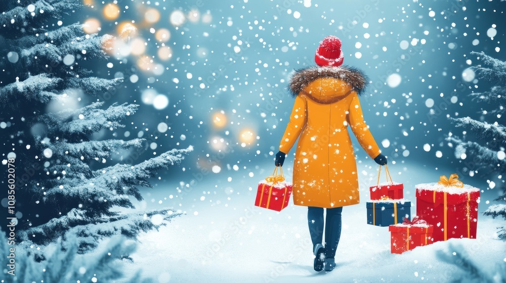 Person in yellow coat carrying gifts in snow. Person in yellow coat carrying gifts in snow.