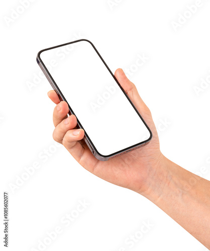 Hand showing smartphone with blank screen isolated on white background.