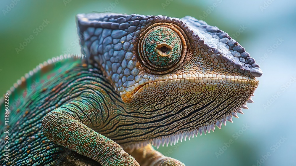 Fototapeta premium Close-up of a vibrant chameleon, showcasing its detailed scales and unique eye.