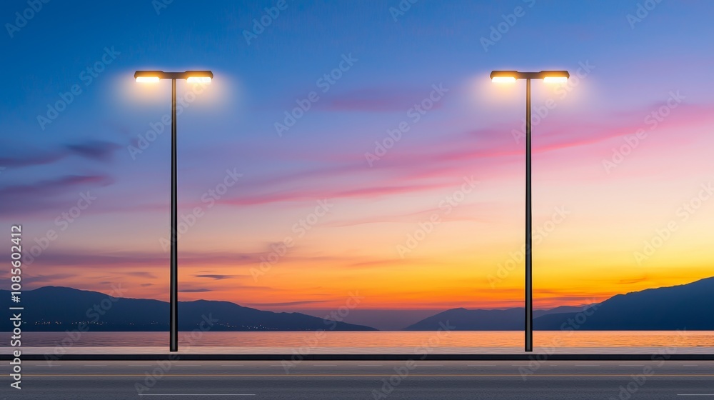 A serene sunset view over water, featuring two streetlights illuminating the shoreline, with a colorful sky reflecting tranquil hues. A serene sunset view over water, featuring two streetlights illuminating the shoreline, with a colorful sky reflecting tranquil hues.