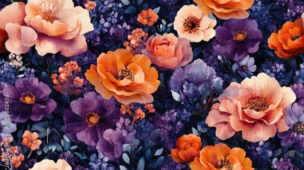 Bright fairytale watercolor flowers in a seamless pattern on a rich purple background perfect for fabric design and home decor Bright fairytale watercolor flowers in a seamless pattern on a rich purple background perfect for fabric design and home decor