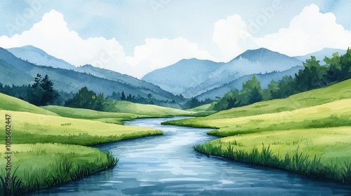 A serene landscape featuring rolling hills, a winding river, and lush green fields under a blue sky with fluffy clouds.