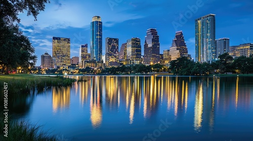 Vibrant City Skyline Illuminated at Dusk