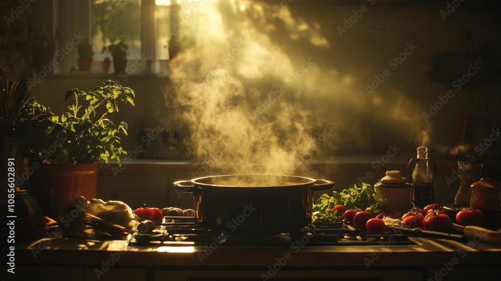 Sunlit Kitchen with Vapors Rising from Cooking Pot Surrounded by Fresh Ingredients, Creating a Cozy and Inviting Culinary Atmosphere Sunlit Kitchen with Vapors Rising from Cooking Pot Surrounded by Fresh Ingredients, Creating a Cozy and Inviting Culinary Atmosphere