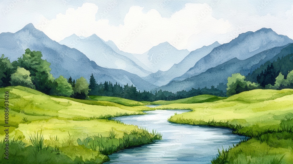 A serene landscape featuring rolling green hills, a calm river, and distant mountains under a soft sky, embodying tranquility and natural beauty.