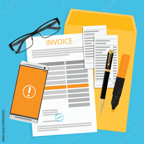 Invoice payment concept. Invoice form, paper documents and smartphone with notification error