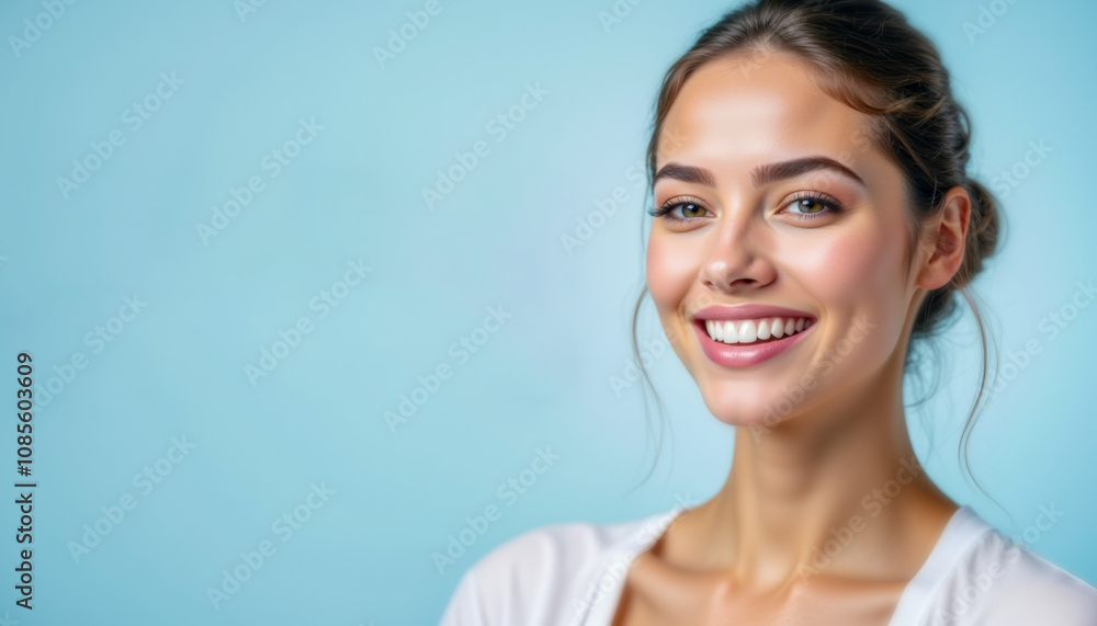 Professional Dental Care Banner featuring a stunning young woman with a radiant, healthy smile against a fresh light blue background. Ideal for promoting dental service. Professional Dental Care Banner featuring a stunning young woman with a radiant, healthy smile against a fresh light blue background. Ideal for promoting dental service.