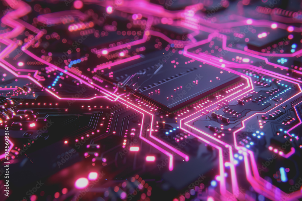 Futuristic advanced technology in bright colors Data flows through the microchip and motherboard. Futuristic advanced technology in bright colors Data flows through the microchip and motherboard.