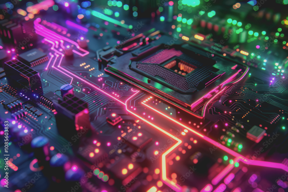 Futuristic advanced technology in bright colors Data flows through the microchip and motherboard. Futuristic advanced technology in bright colors Data flows through the microchip and motherboard.