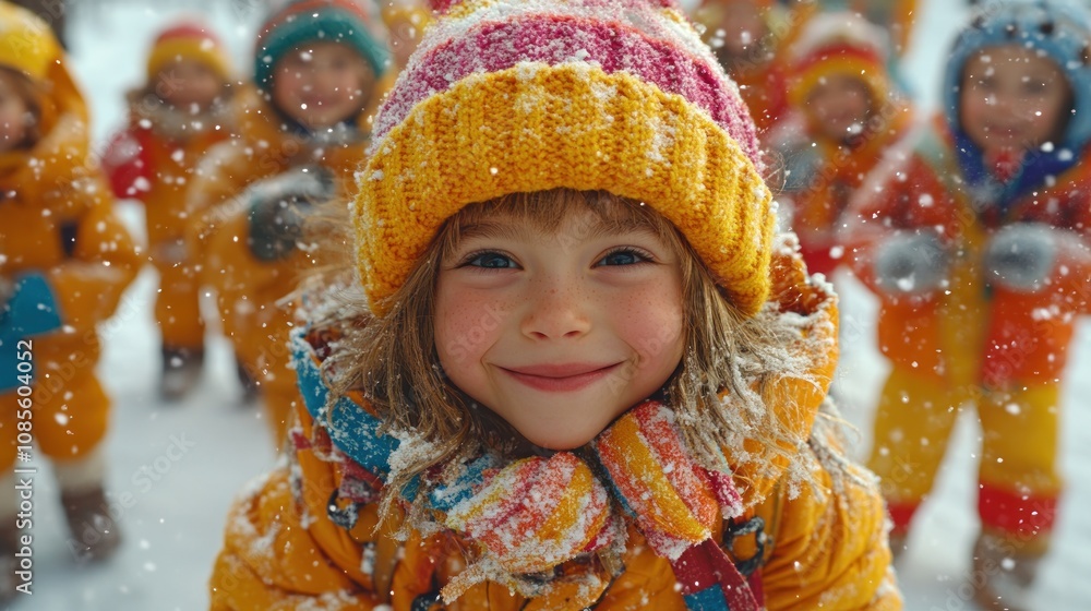 Children joyfully playing in the snow, wearing colorful winter attire. Children joyfully playing in the snow, wearing colorful winter attire.