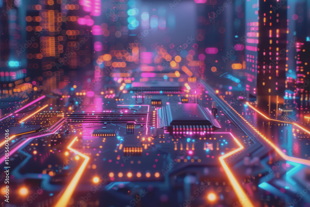 Futuristic advanced technology in bright colors Data flows through the microchip and motherboard. Futuristic advanced technology in bright colors Data flows through the microchip and motherboard.