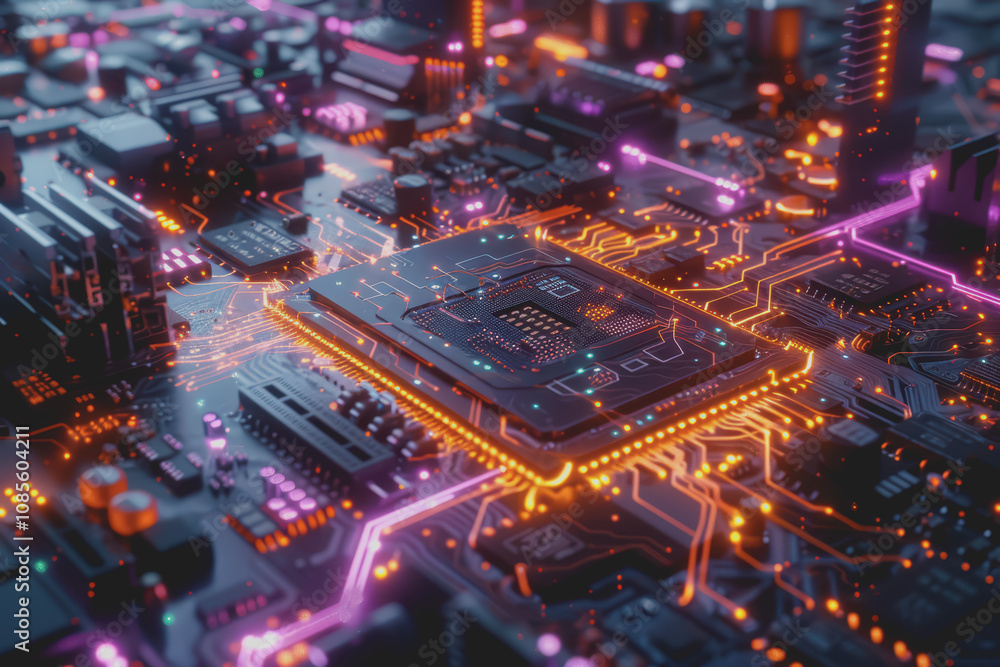 Futuristic advanced technology in bright colors Data flows through the microchip and motherboard. Futuristic advanced technology in bright colors Data flows through the microchip and motherboard.