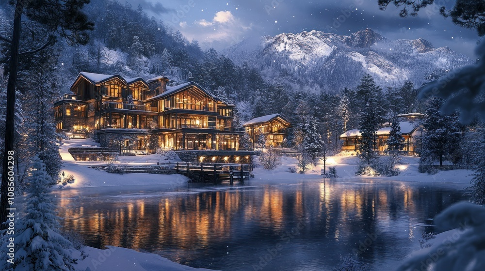 Obraz premium Cozy winter lodge by a serene lake at night.