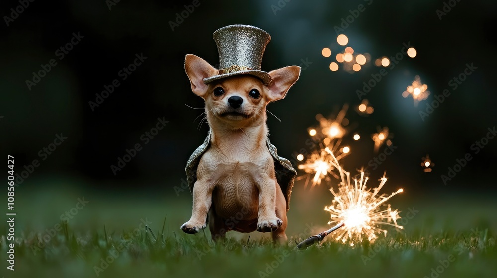 Charming Chihuahua in Top Hat with Sparkler, Festive Pet Photography Charming Chihuahua in Top Hat with Sparkler, Festive Pet Photography