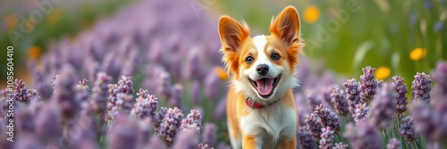 A cheerful, small, orange and white dog is joyfully running amidst a profusion of purple lavender flowers