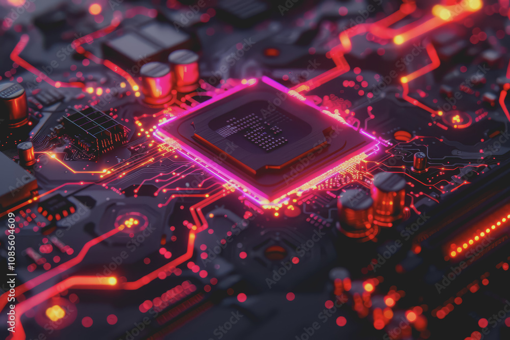 Futuristic advanced technology in bright colors Data flows through the microchip and motherboard. Futuristic advanced technology in bright colors Data flows through the microchip and motherboard.