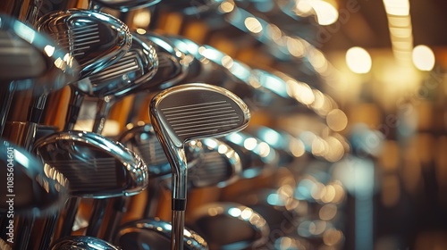 Close-up of golf clubs in a sports shop, showcasing shiny metal heads and grips in warm lighting. Perfect for those passionate about golf and leisure activities.