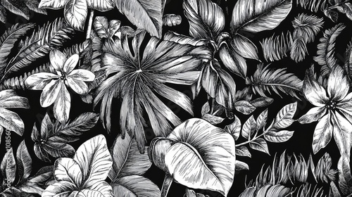 Seamless pattern of hand drawn tropical plants featuring lush lianas and jungle foliage ideal for invitations and holiday designs