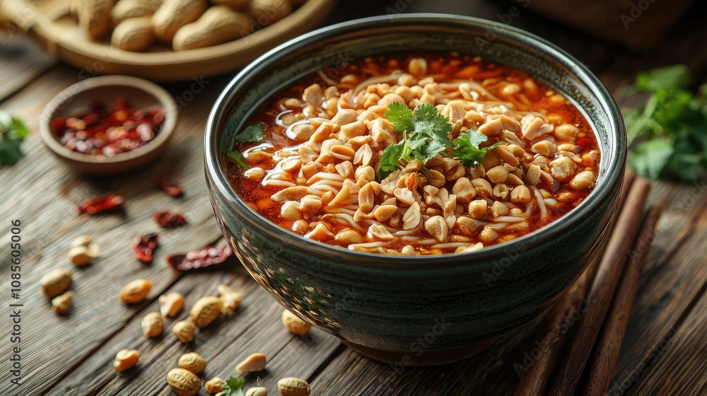 Bowl of Noodles Garnished with Peanuts Bowl of Noodles Garnished with Peanuts