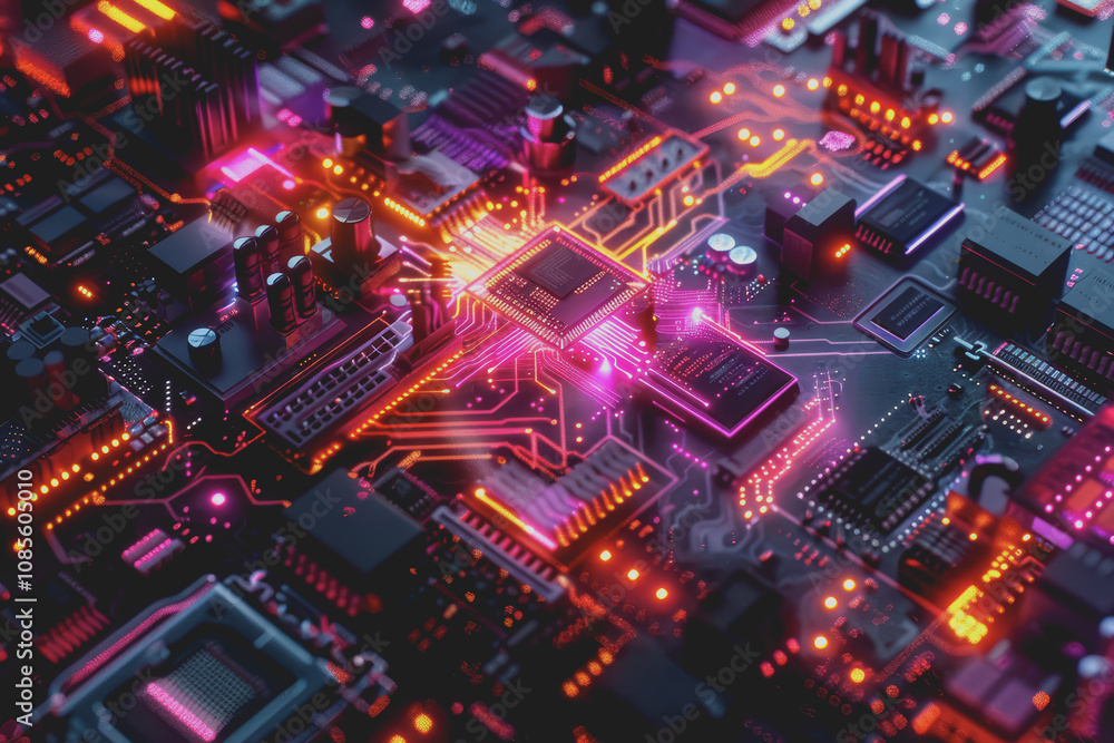Fototapeta premium Futuristic advanced technology in bright colors Data flows through the microchip and motherboard.