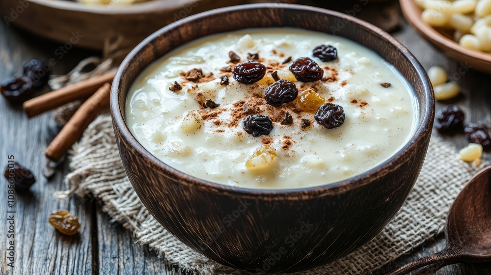 Creamy Rice Pudding in Wooden Bowl with Cinnamon Garnish Creamy Rice Pudding in Wooden Bowl with Cinnamon Garnish