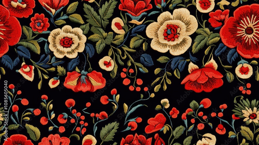 Embroidery seamless pattern featuring intricate floral designs on a dark background ideal for fashion products and print applications Embroidery seamless pattern featuring intricate floral designs on a dark background ideal for fashion products and print applications