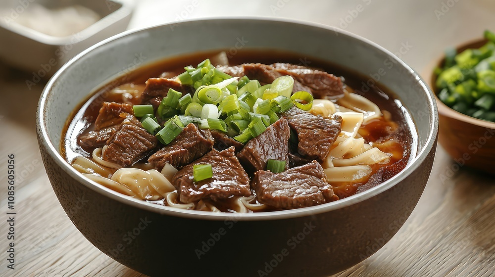 Beef Chow Fun in a Bowl with Noodles and Green Onions Beef Chow Fun in a Bowl with Noodles and Green Onions